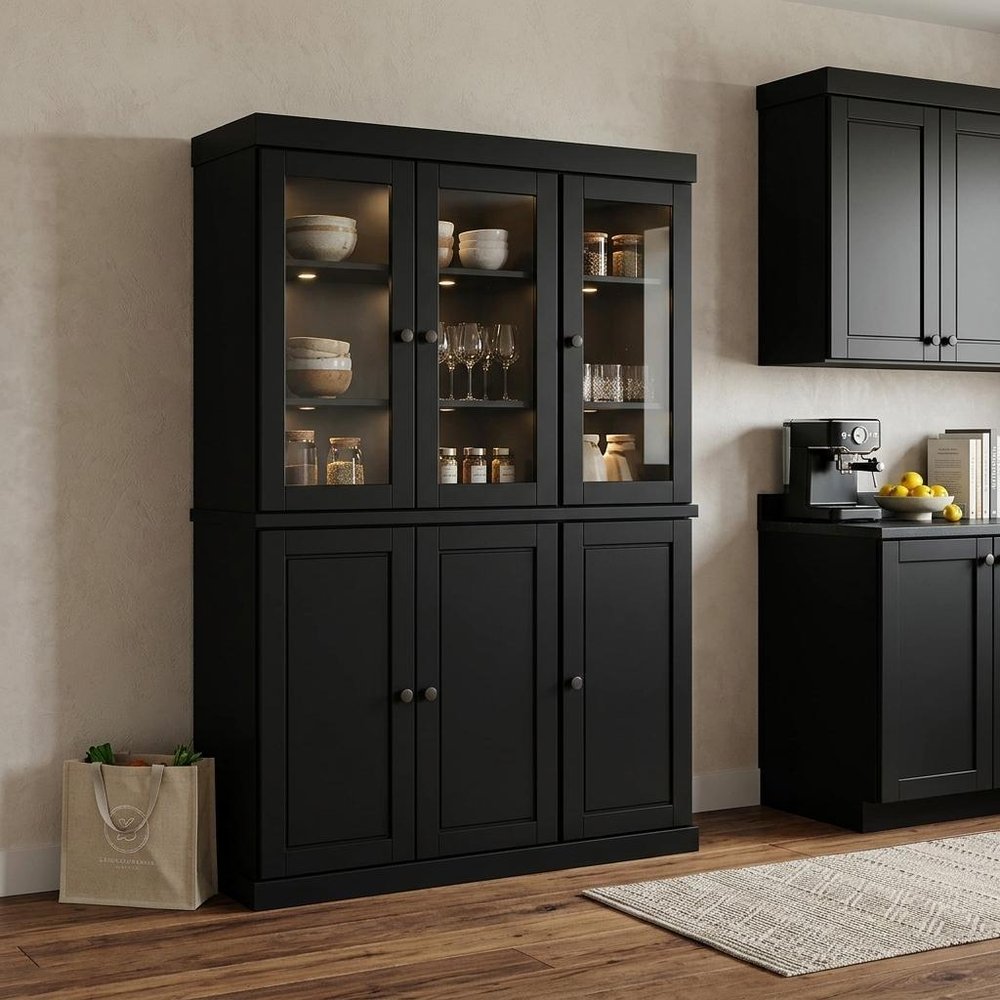 72" Black Solid Wood Six Door Two Drawer Pantry Or Storage Closet HomeRoots