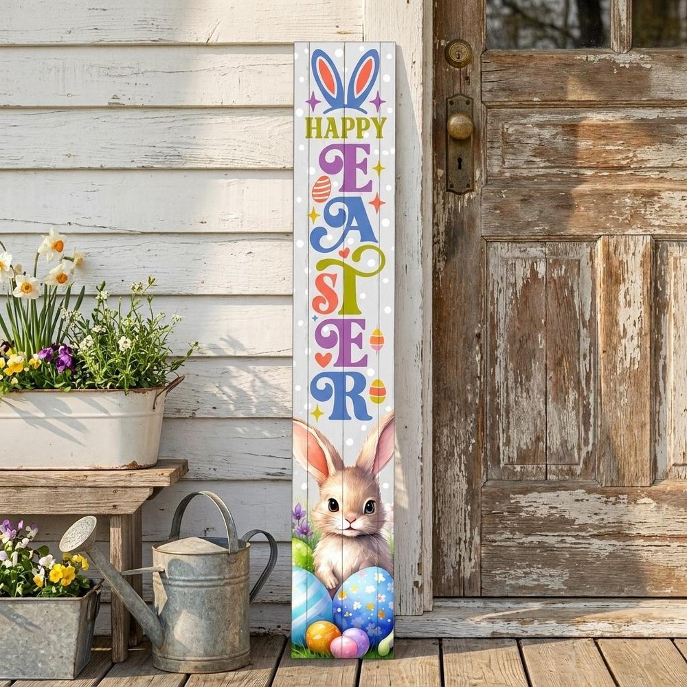 46" Lime Green Blue And White Solid Wood Happy Easter Porch Sign — view 3