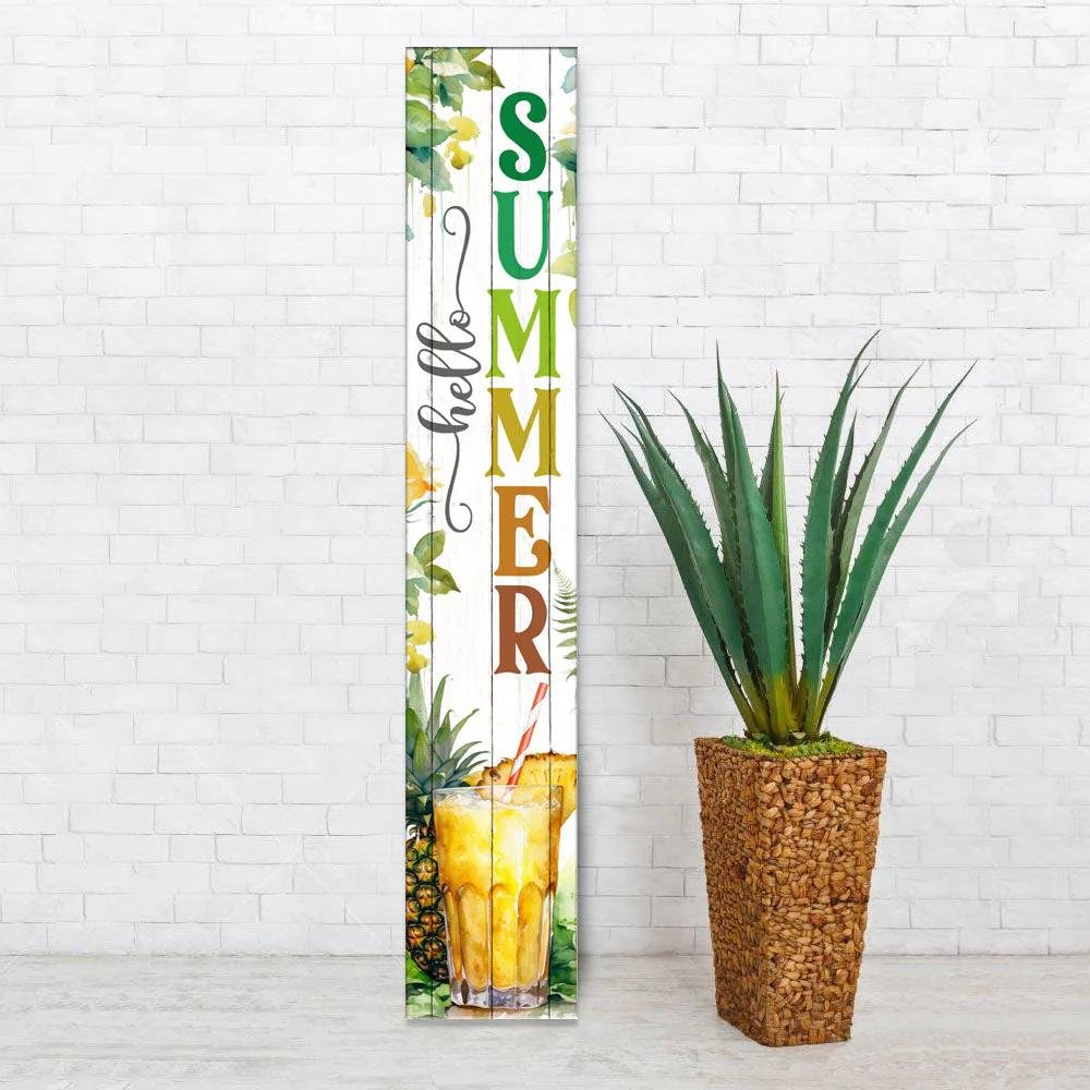 46" Yellow Off White Green And Dark Gray Solid Wood Hello Summer Porch Sign — view 1