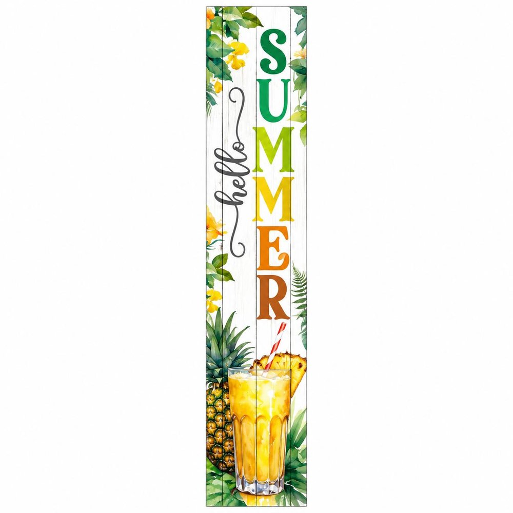 46" Yellow Off White Green And Dark Gray Solid Wood Hello Summer Porch Sign — view 2
