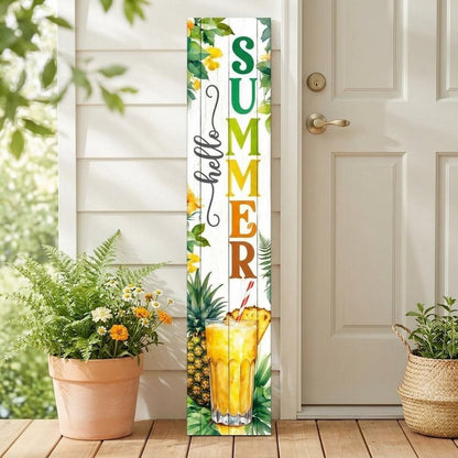 46" Yellow Off White Green And Dark Gray Solid Wood Hello Summer Porch Sign HomeRoots