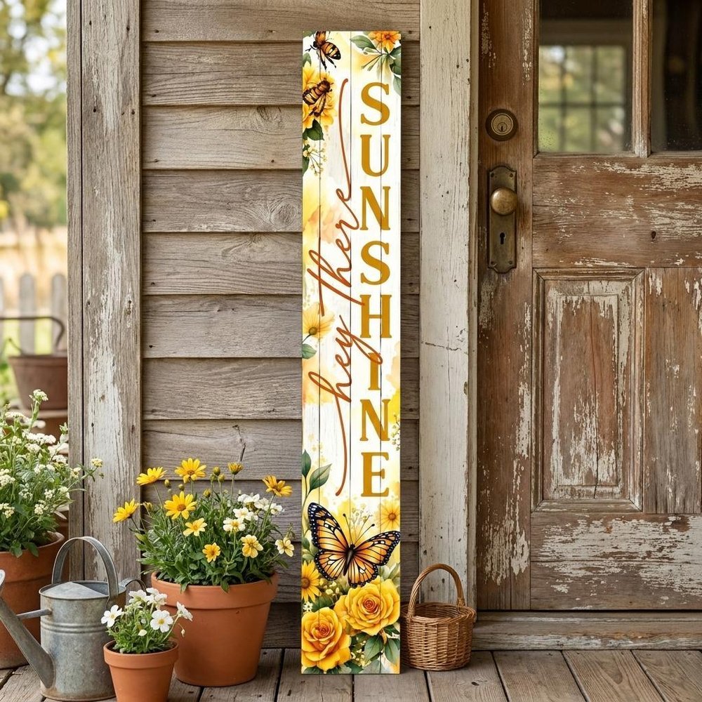 46" Yellow White And Green Solid Wood Hello Sunshine Porch Sign — view 5