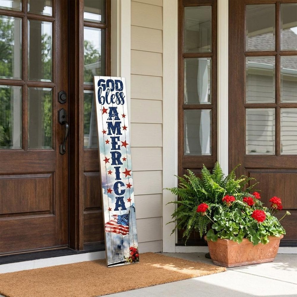 46" Navy Blue Red And White Solid Wood God Bless America Porch Sign — view 5
