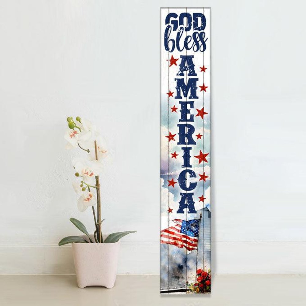 46" Navy Blue Red And White Solid Wood God Bless America Porch Sign HomeRoots