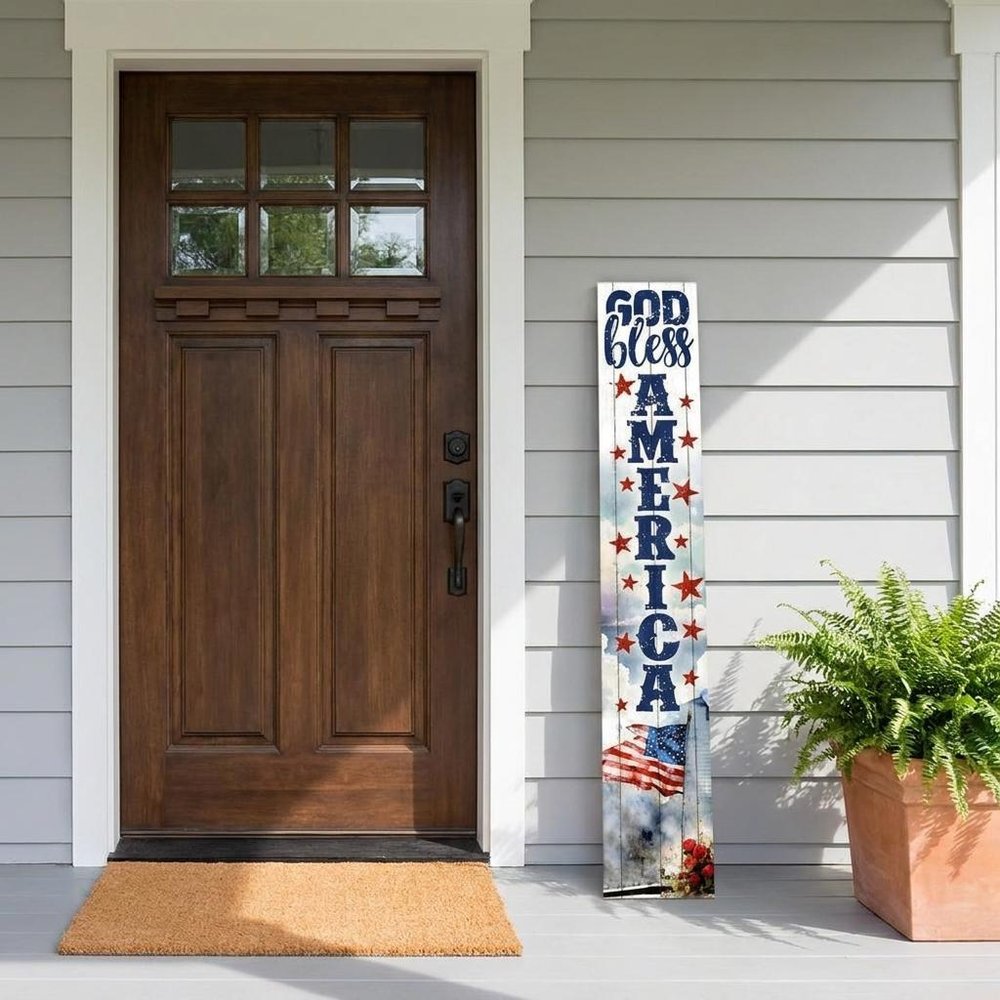 46" Navy Blue Red And White Solid Wood God Bless America Porch Sign — view 6