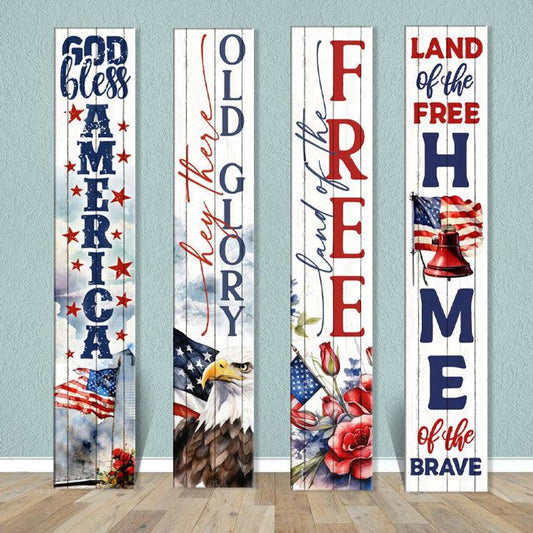 46" Navy Blue Red And White Solid Wood Land of the Free Porch Sign