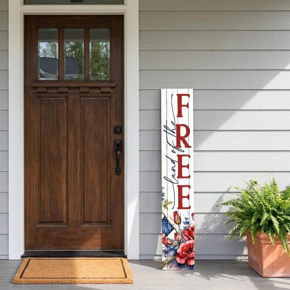 46" Navy Blue Red And White Solid Wood Land of the Free Porch Sign — view 3