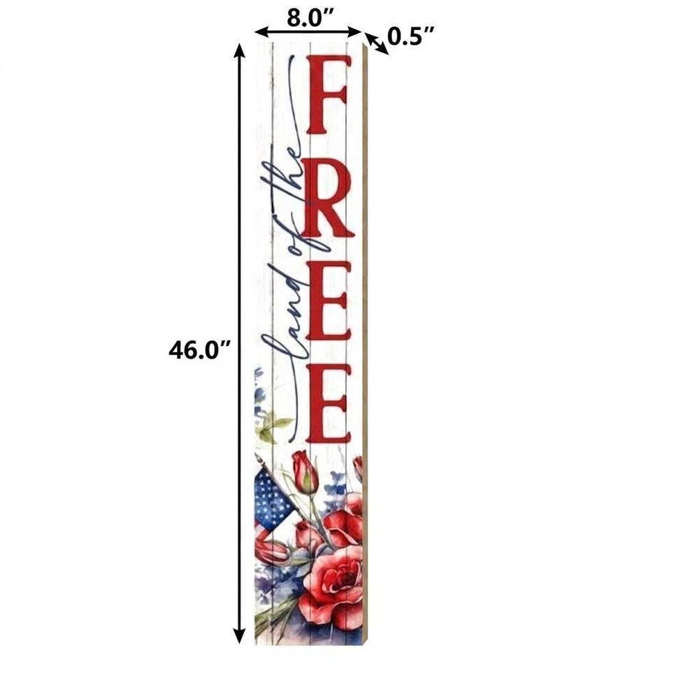 46" Navy Blue Red And White Solid Wood Land of the Free Porch Sign HomeRoots