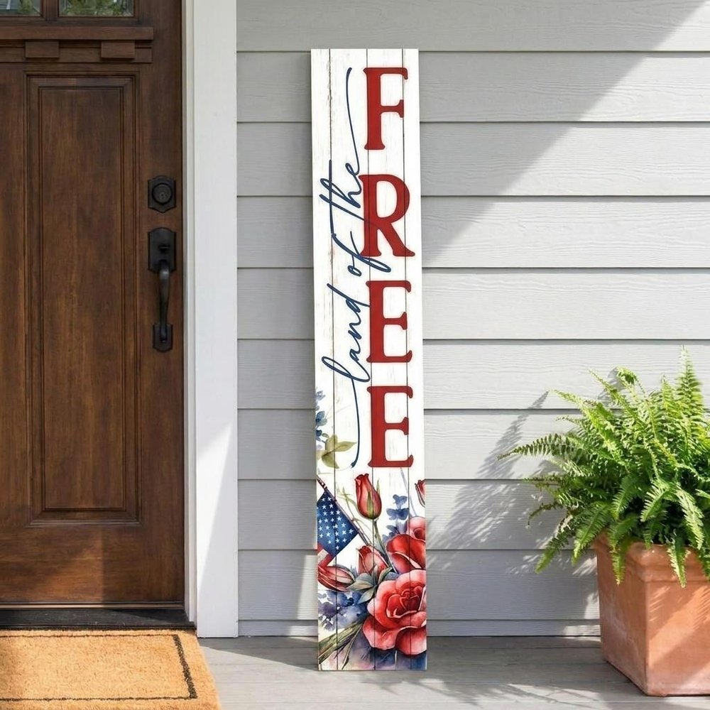 46" Navy Blue Red And White Solid Wood Land of the Free Porch Sign — view 5