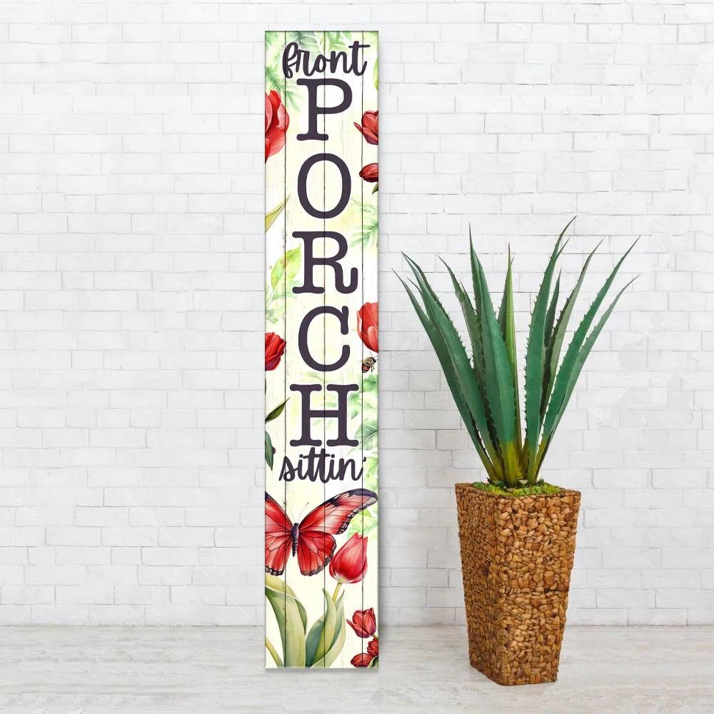46" Green Red White And Black Solid Wood Front Porch Sittin' Butterfly Porch Sign HomeRoots
