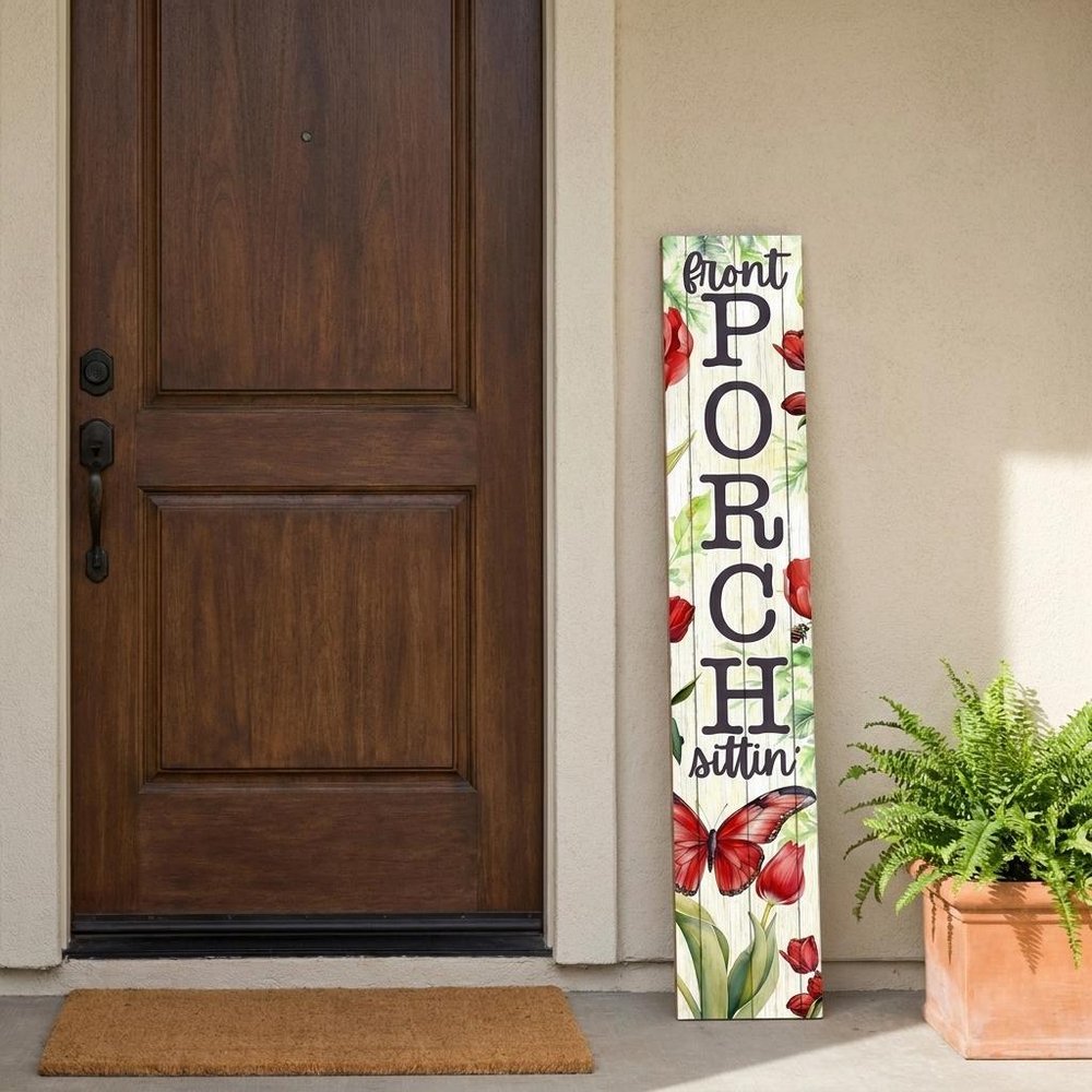 46" Green Red White And Black Solid Wood Front Porch Sittin' Butterfly Porch Sign HomeRoots