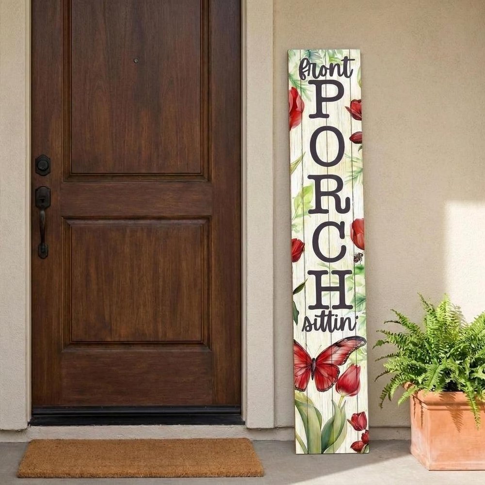 46" Green Red White And Black Solid Wood Front Porch Sittin' Butterfly Porch Sign — view 7