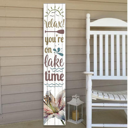 46" Teal Blue Taupe And White Solid Wood Relax You're On Lake Time Porch Sign HomeRoots