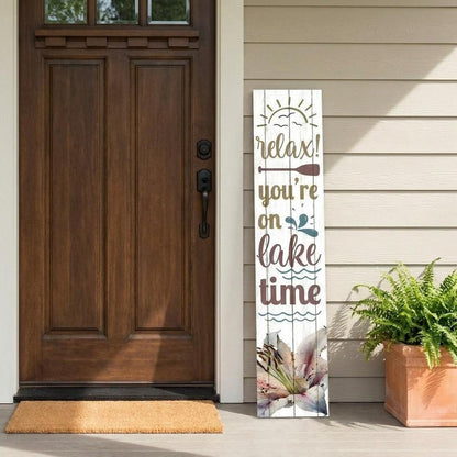 46" Teal Blue Taupe And White Solid Wood Relax You're On Lake Time Porch Sign HomeRoots