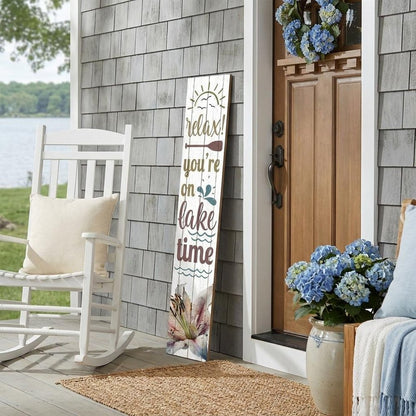 46" Teal Blue Taupe And White Solid Wood Relax You're On Lake Time Porch Sign HomeRoots