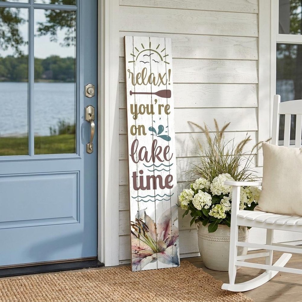 46" Teal Blue Taupe And White Solid Wood Relax You're On Lake Time Porch Sign — view 8