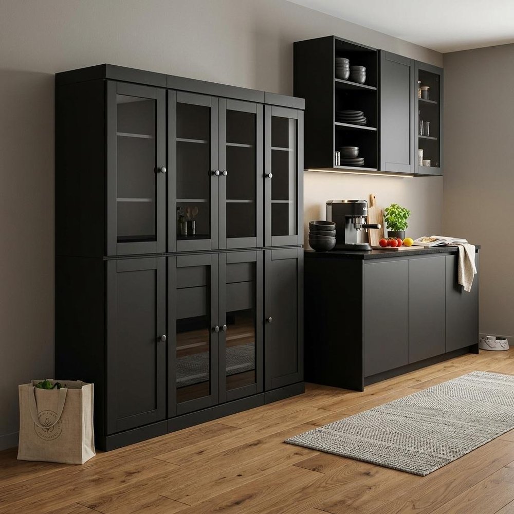 72" Black Solid Wood 8 Two Drawer Pantry Or Storage Closet — view 4