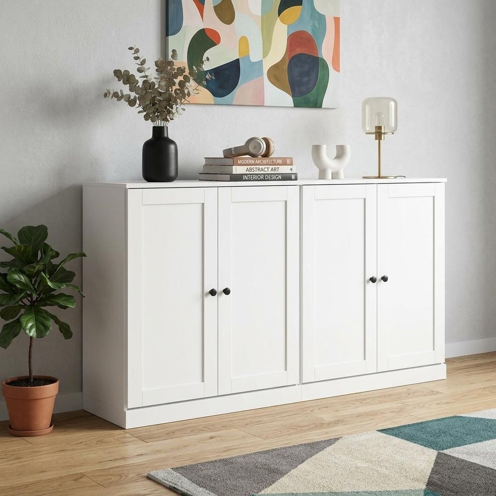 64" White Solid Wood Four Drawer Sideboard With Four Doors HomeRoots