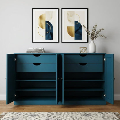 64" Teal Blue Solid Wood Four Drawer Sideboard With Four Doors HomeRoots