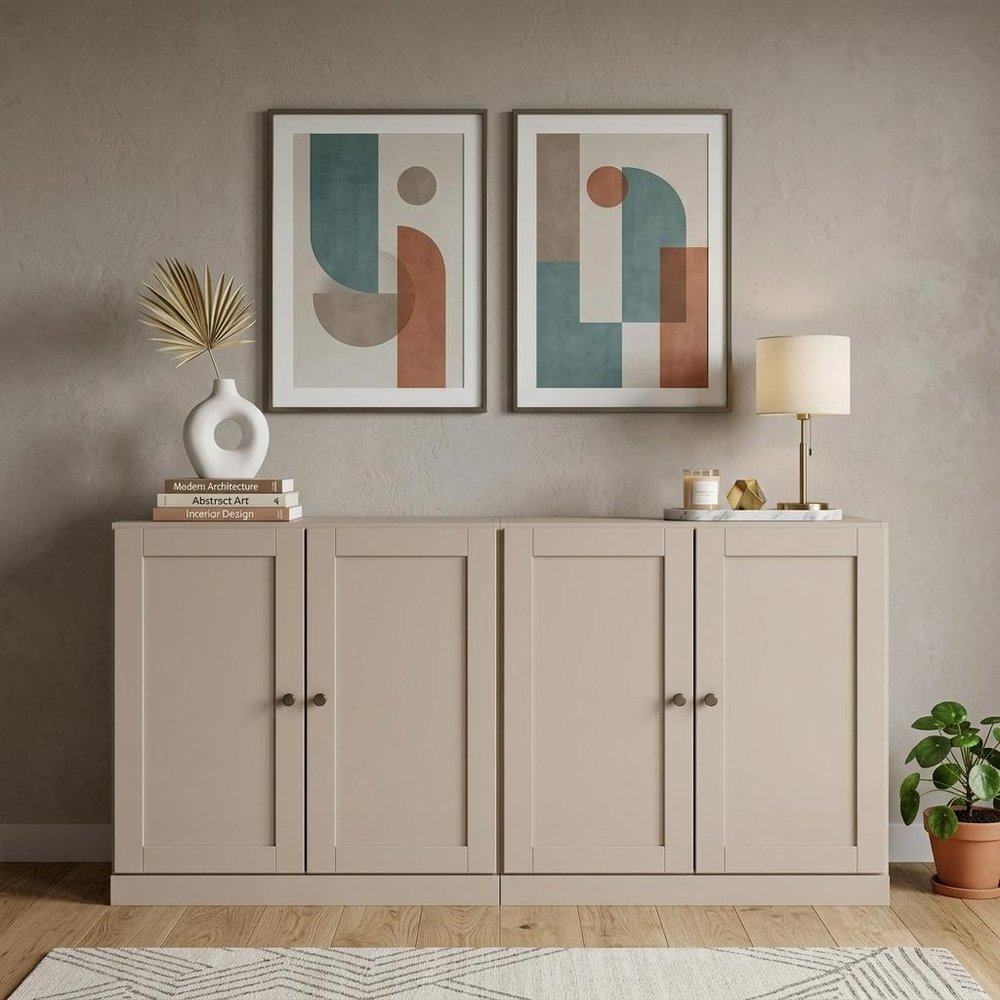 64" Beige Solid Wood Four Drawer Sideboard With Four Doors HomeRoots