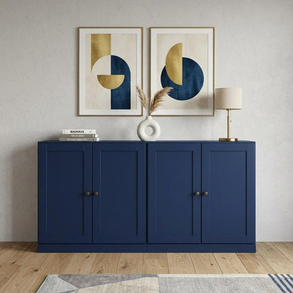 64" Navy Blue Solid Wood Four Drawer Sideboard With Four Doors HomeRoots