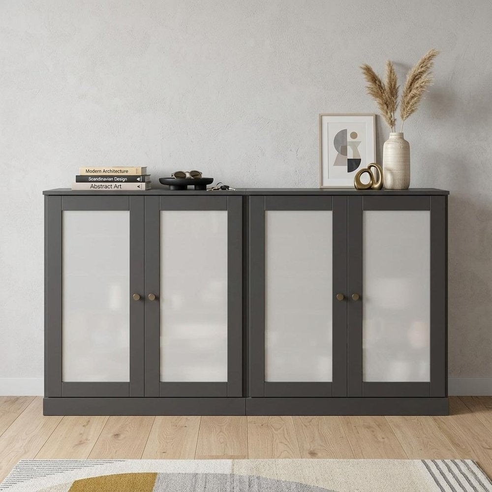 64" Gray Solid Wood Four Drawer Sideboard With Four Doors HomeRoots