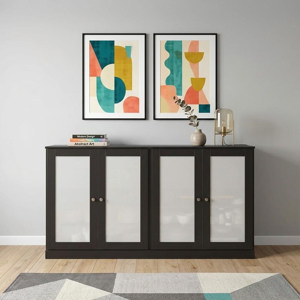 64" Black Solid Wood Four Drawer Sideboard With Four Doors — view 2