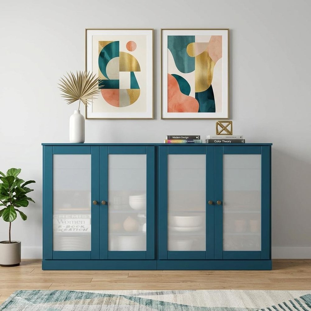 64" Teal Blue Solid Wood Four Drawer Sideboard With Four Doors HomeRoots