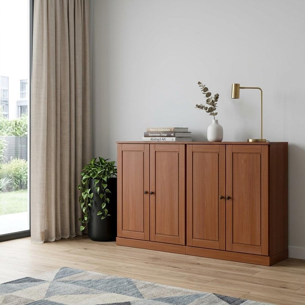 64" Coffee Solid Wood Four Drawer Sideboard With Four Doors HomeRoots