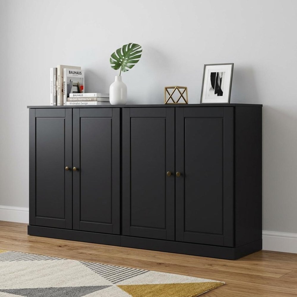 64" Black Solid Wood Four Drawer Sideboard With Four Doors HomeRoots