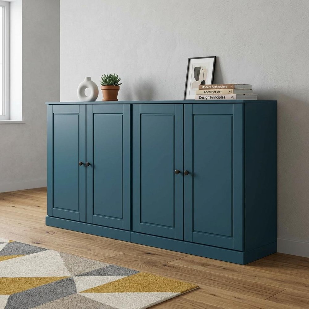 64" Teal Blue Solid Wood Four Drawer Sideboard With Four Doors HomeRoots