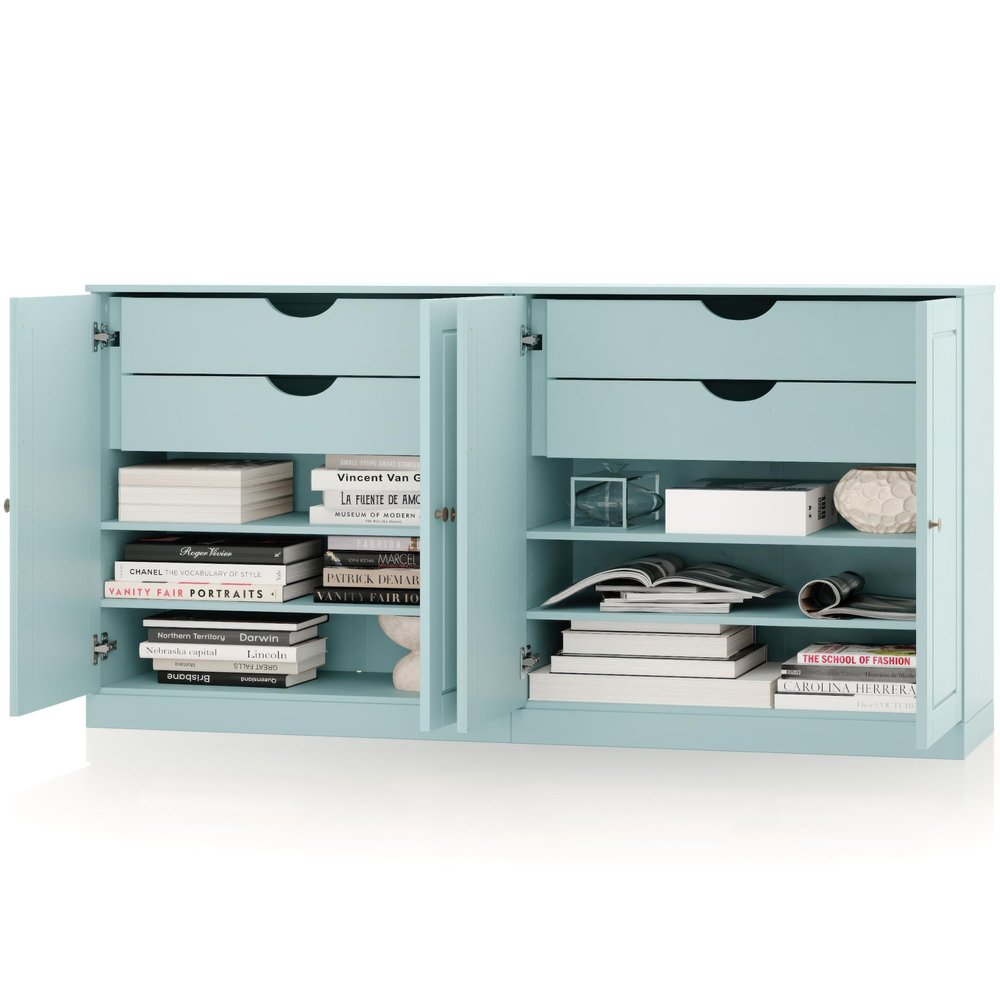 64" Aqua Solid Wood Four Drawer Sideboard With Four Doors