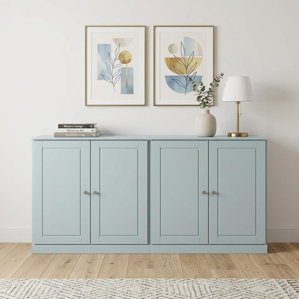 64" Aqua Solid Wood Four Drawer Sideboard With Four Doors — view 2