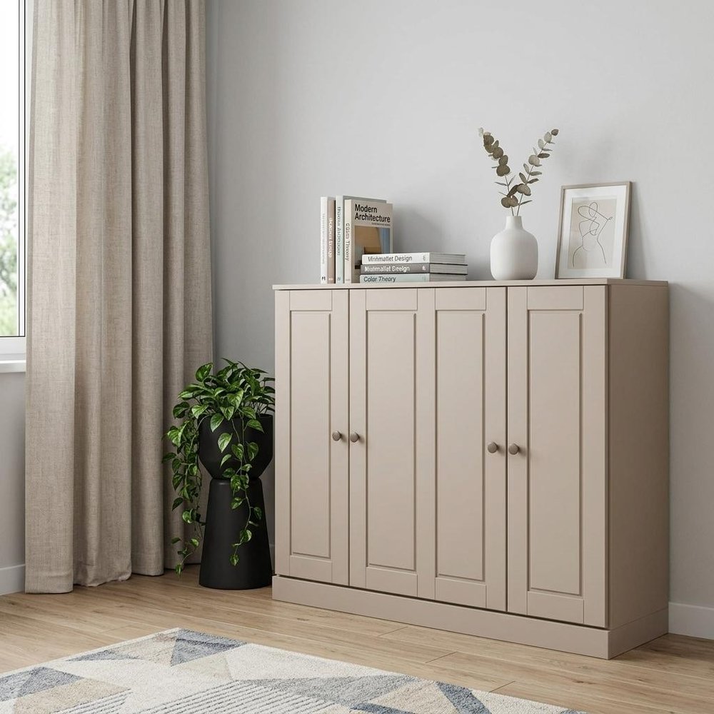 64" Beige Solid Wood Four Drawer Sideboard With Four Doors — view 2