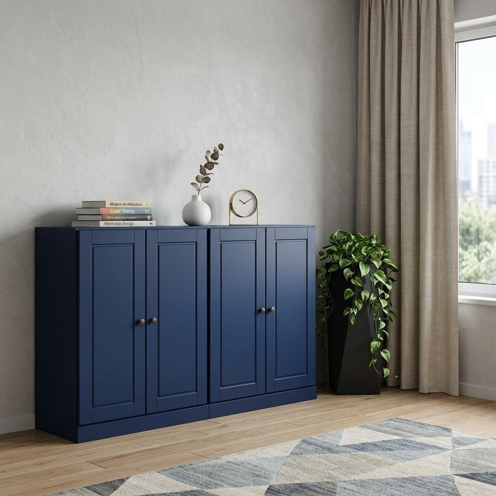 64" Navy Blue Solid Wood Four Drawer Sideboard With Four Doors — view 5