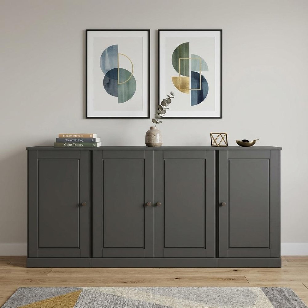 65" Gray Solid Wood Two Drawer Sideboard With Four Doors HomeRoots