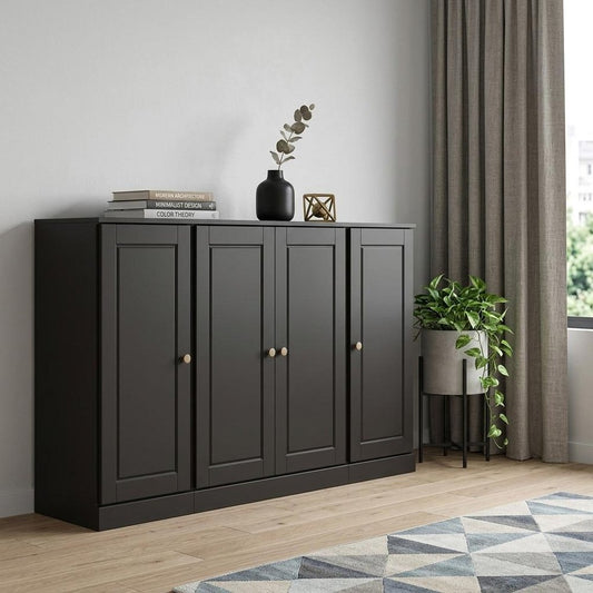 65" Black Solid Wood Two Drawer Sideboard With Four Doors