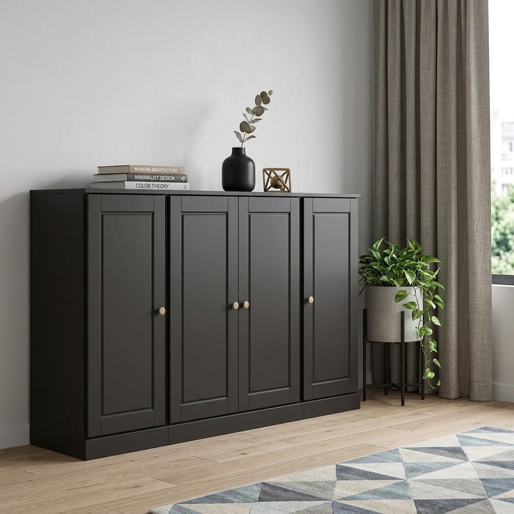 65" Black Solid Wood Two Drawer Sideboard With Four Doors — view 2