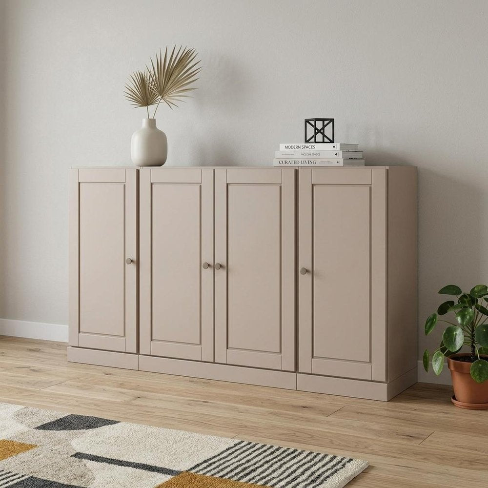 65" Beige Solid Wood Two Drawer Sideboard With Four Doors HomeRoots