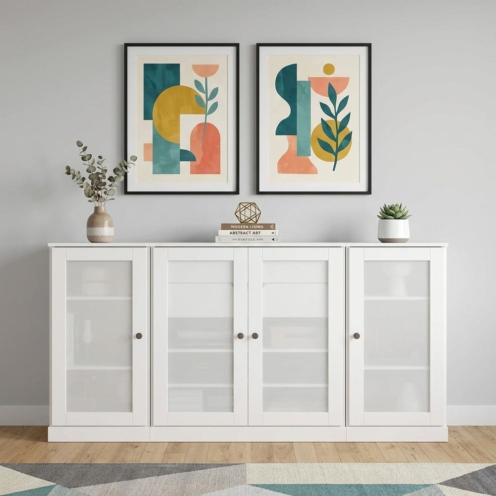 65" White Solid Wood Two Drawer Sideboard With Four Glass Doors — view 2