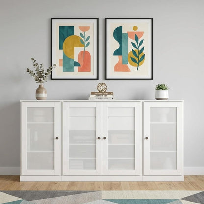 65" White Solid Wood Two Drawer Sideboard With Four Glass Doors HomeRoots