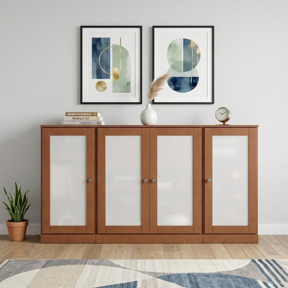 65" Coffee Solid Wood Two Drawer Sideboard With Four Glass Doors HomeRoots