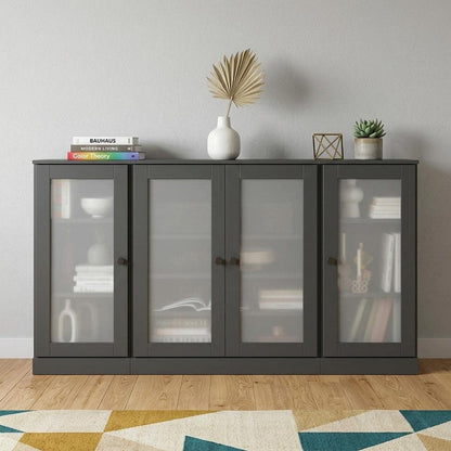 65" Gray Solid Wood Two Drawer Sideboard With Four Glass Doors HomeRoots