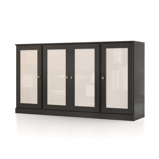 65" Black Solid Wood Two Drawer Sideboard With Four Glass Doors