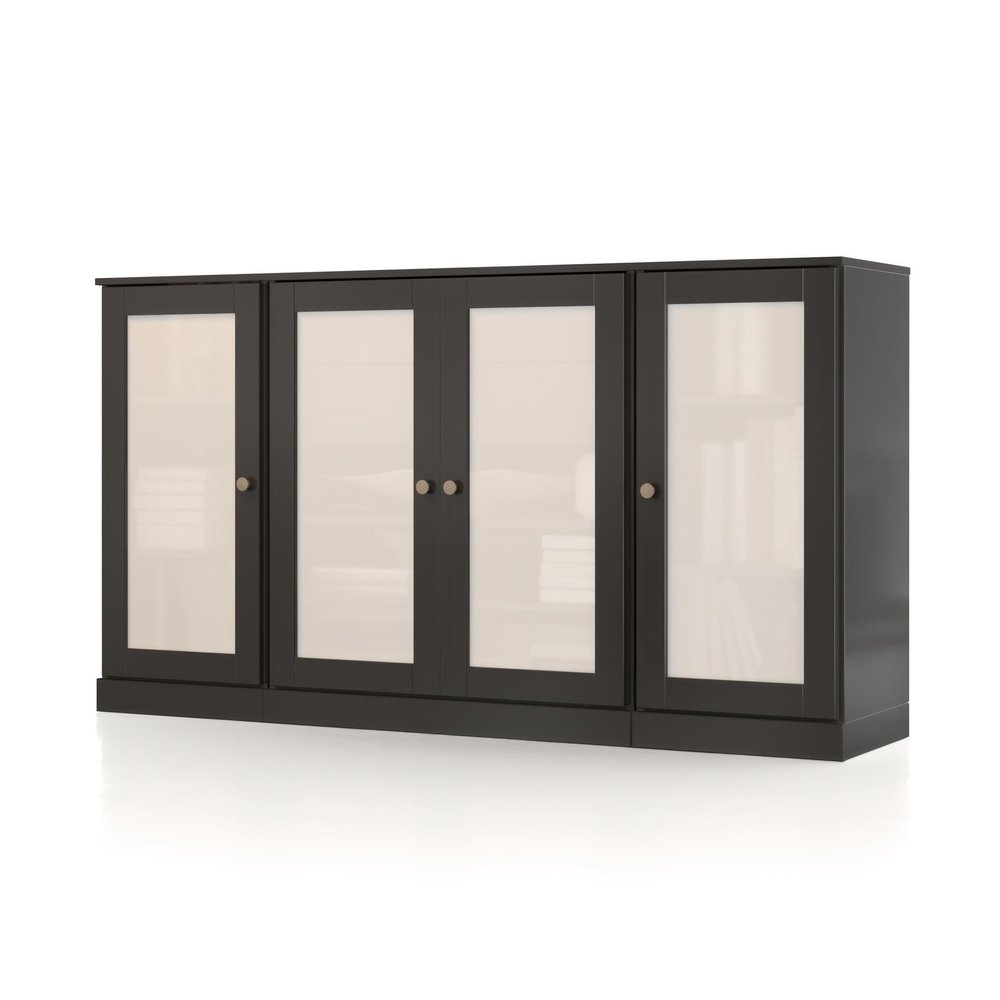 65" Black Solid Wood Two Drawer Sideboard With Four Glass Doors HomeRoots