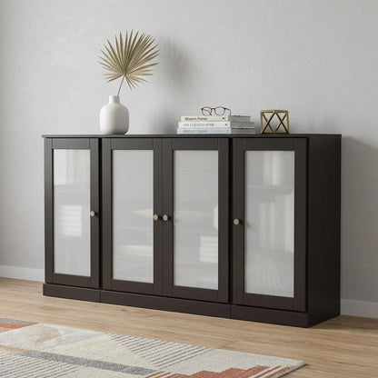 65" Black Solid Wood Two Drawer Sideboard With Four Glass Doors HomeRoots