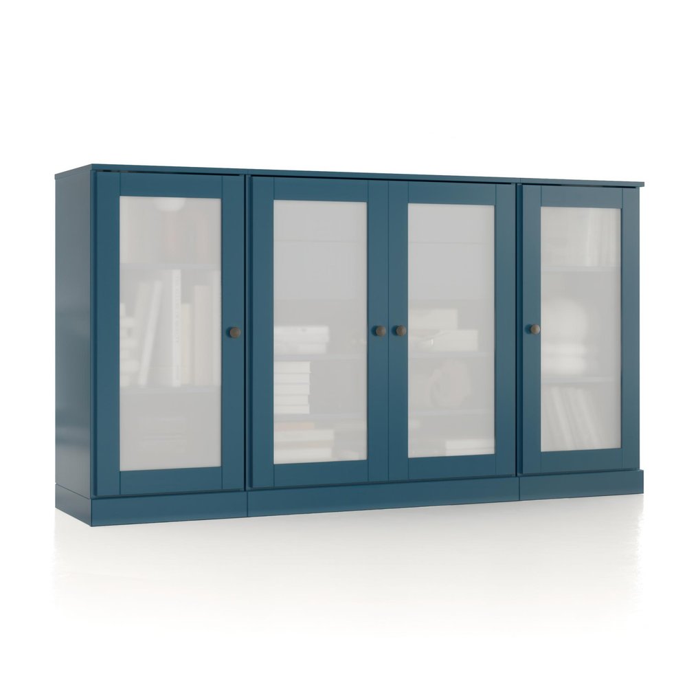 65" Teal Blue Solid Wood Two Drawer Sideboard With Four Glass Doors HomeRoots