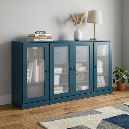 65" Teal Blue Solid Wood Two Drawer Sideboard With Four Glass Doors HomeRoots