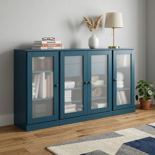 65" Teal Blue Solid Wood Two Drawer Sideboard With Four Glass Doors