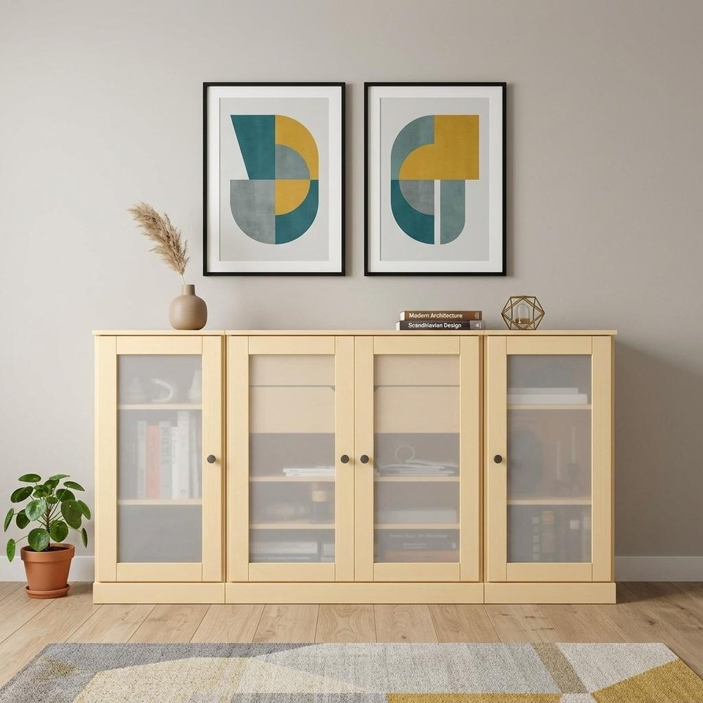 65" Yellow Solid Wood Two Drawer Sideboard With Four Glass Doors — view 2